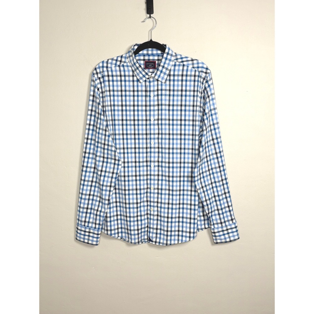 UNTUCKit Button Down Shirt Mens L Blue Plaid Slim Fit Preppy Office Tech